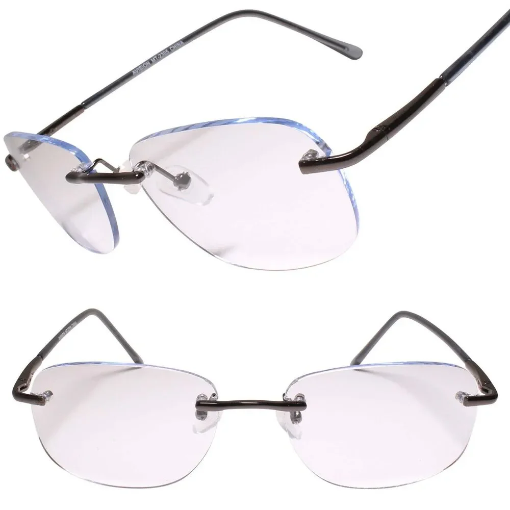 Modern Rimless Rectangle Blue Accent Clear Lens Glasses